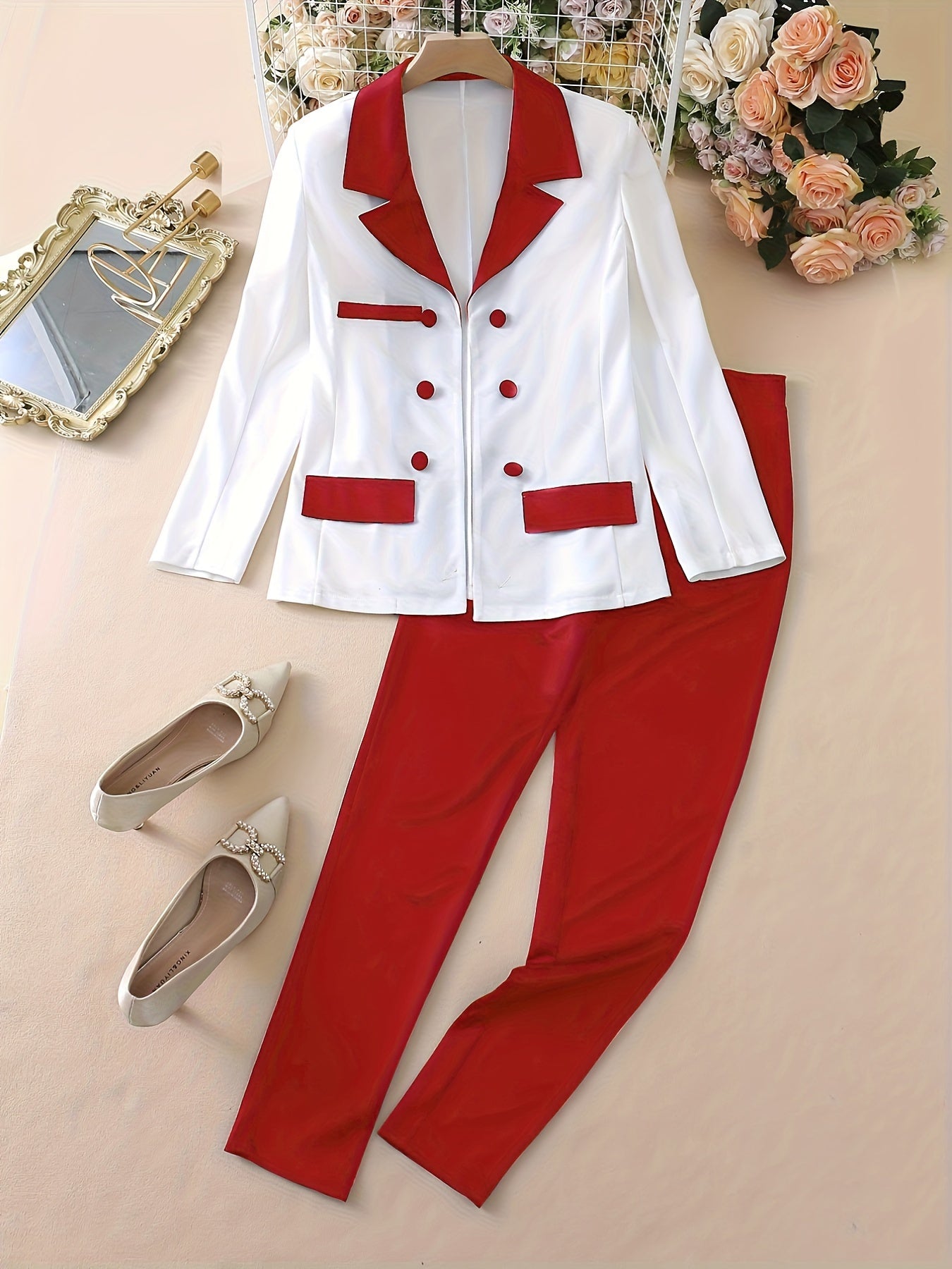 two-piece Color Block Blazer & Straight Leg Pant Set for Women, Casual Button-Front Blazer & Pants Outfit